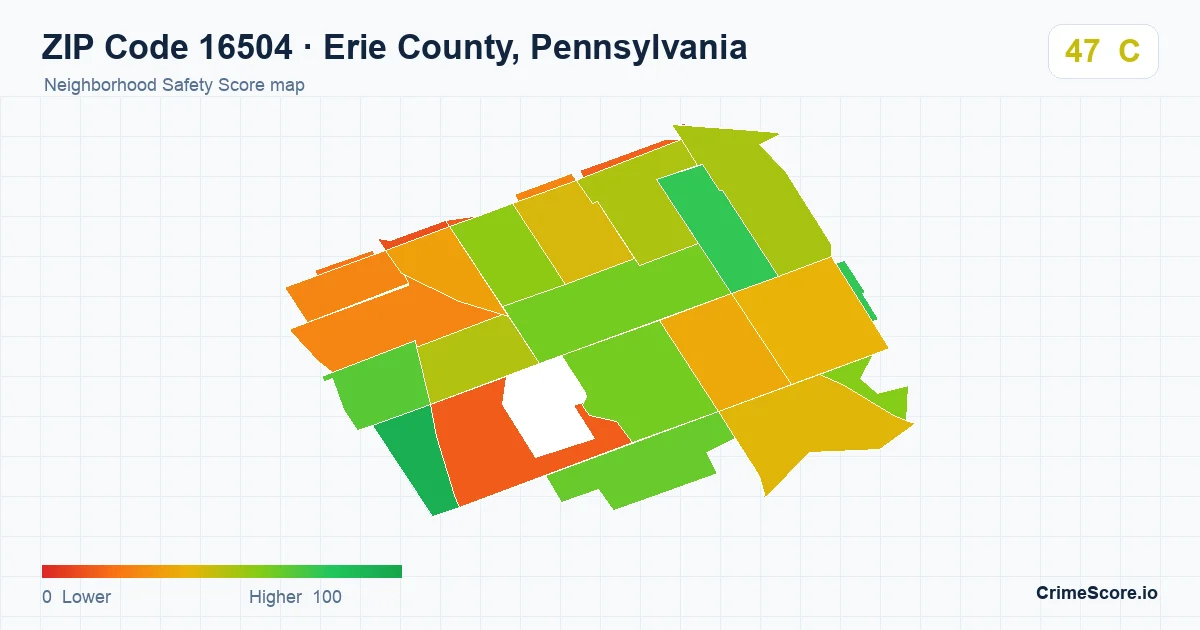 ZIP Code 16504 in Erie County, Pennsylvania neighborhood Safety Score map