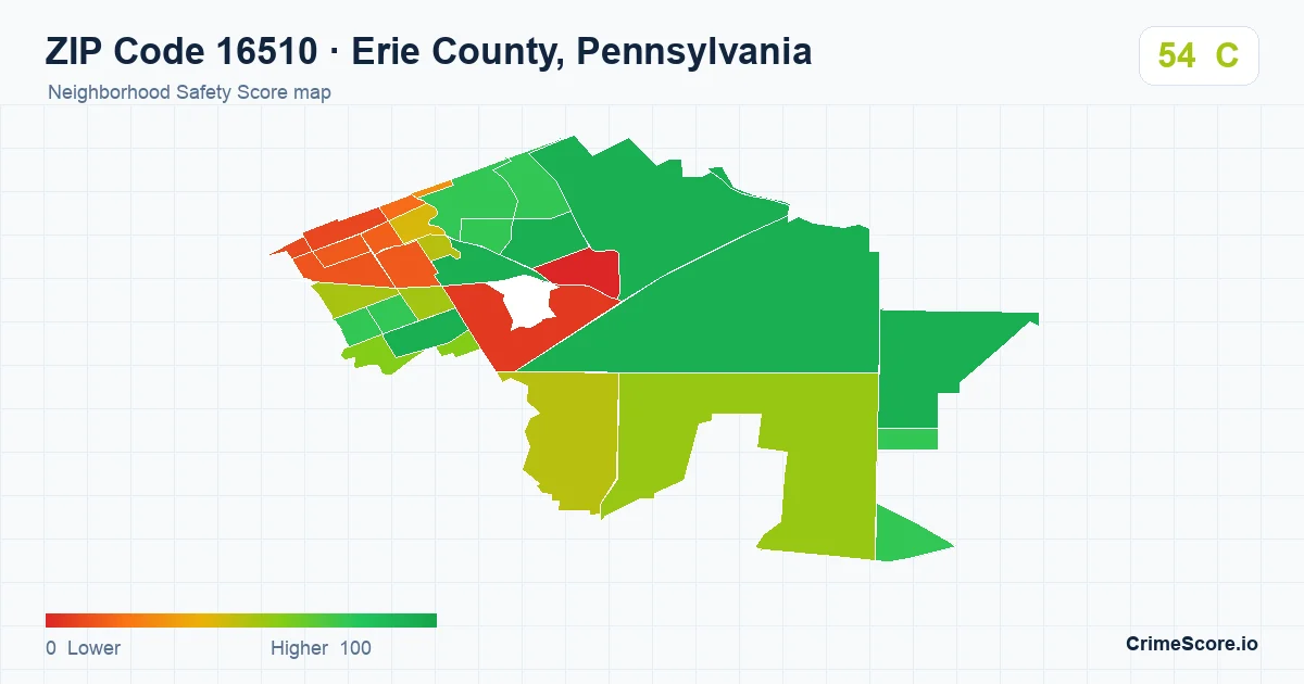 ZIP Code 16510 in Erie County, Pennsylvania neighborhood Safety Score map