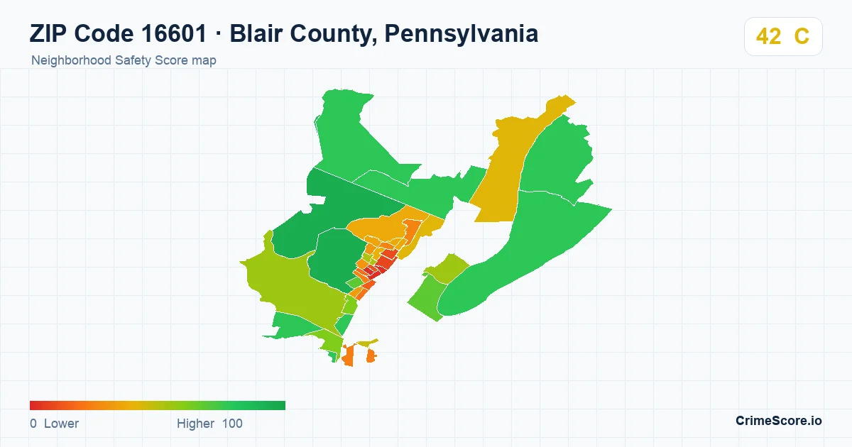 ZIP Code 16601 in Blair County, Pennsylvania neighborhood Safety Score map
