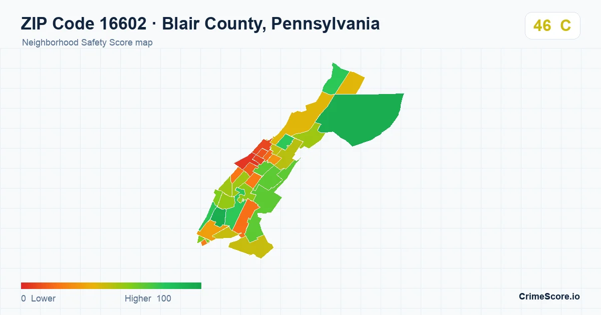 ZIP Code 16602 in Blair County, Pennsylvania neighborhood Safety Score map