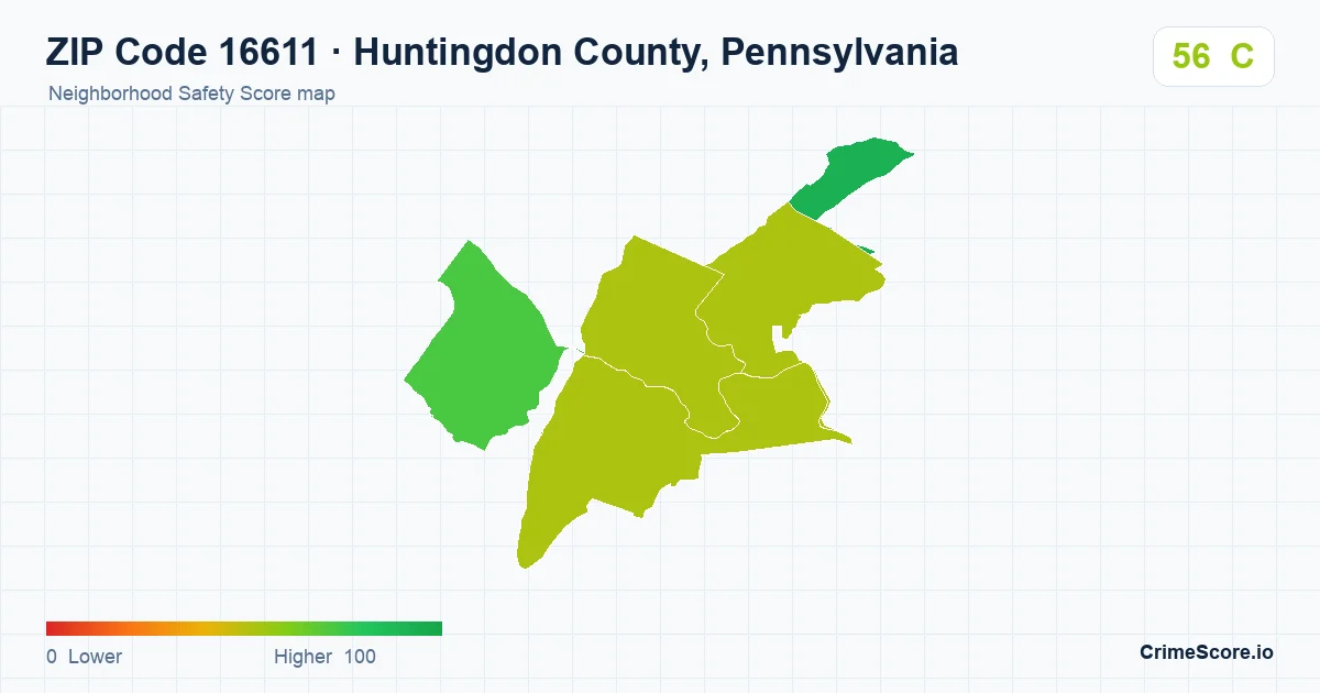 ZIP Code 16611 in Huntingdon County, Pennsylvania neighborhood Safety Score map