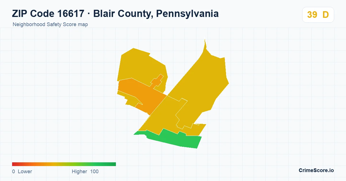 ZIP Code 16617 in Blair County, Pennsylvania neighborhood Safety Score map