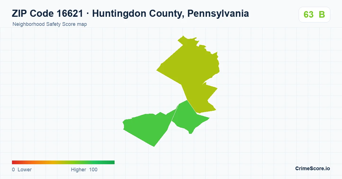 ZIP Code 16621 in Huntingdon County, Pennsylvania neighborhood Safety Score map