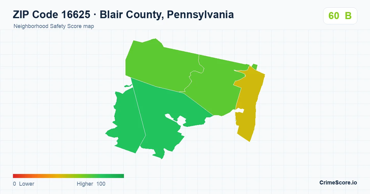 ZIP Code 16625 in Blair County, Pennsylvania neighborhood Safety Score map