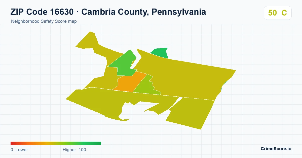 ZIP Code 16630 in Cambria County, Pennsylvania neighborhood Safety Score map