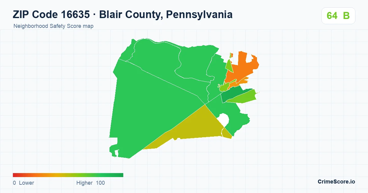 ZIP Code 16635 in Blair County, Pennsylvania neighborhood Safety Score map
