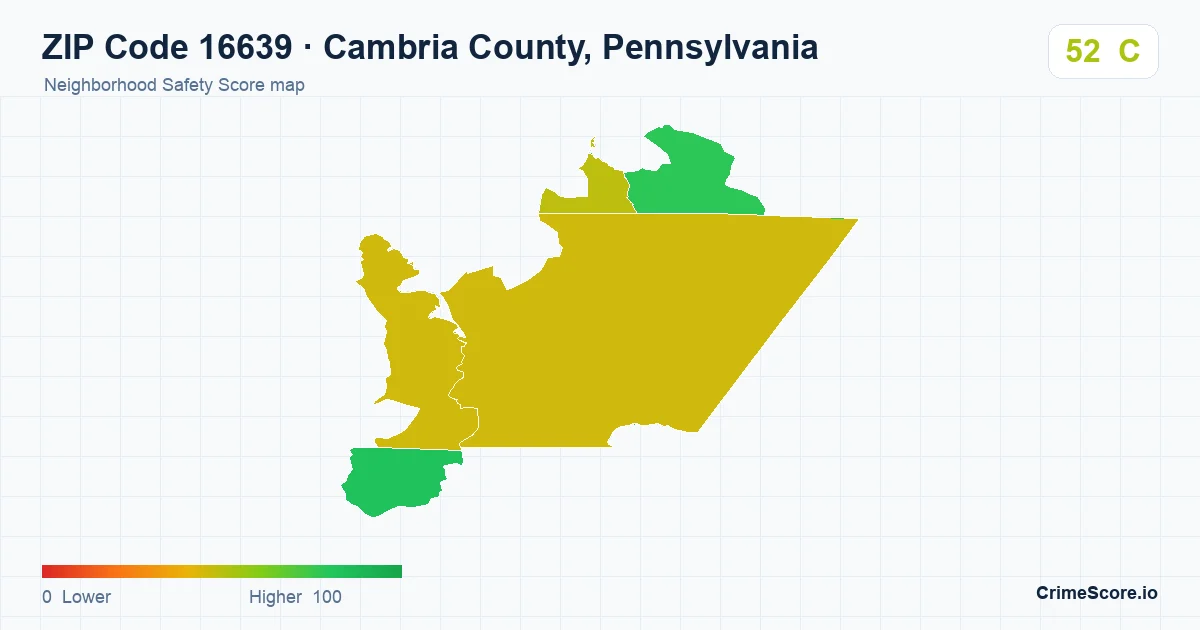 ZIP Code 16639 in Cambria County, Pennsylvania neighborhood Safety Score map