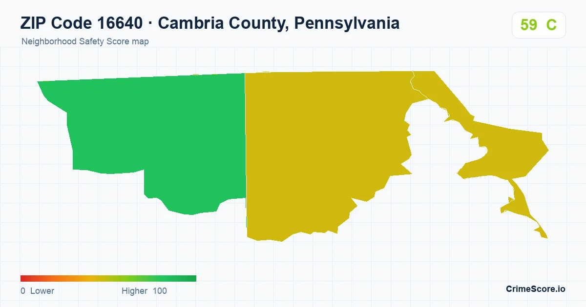 ZIP Code 16640 in Cambria County, Pennsylvania neighborhood Safety Score map