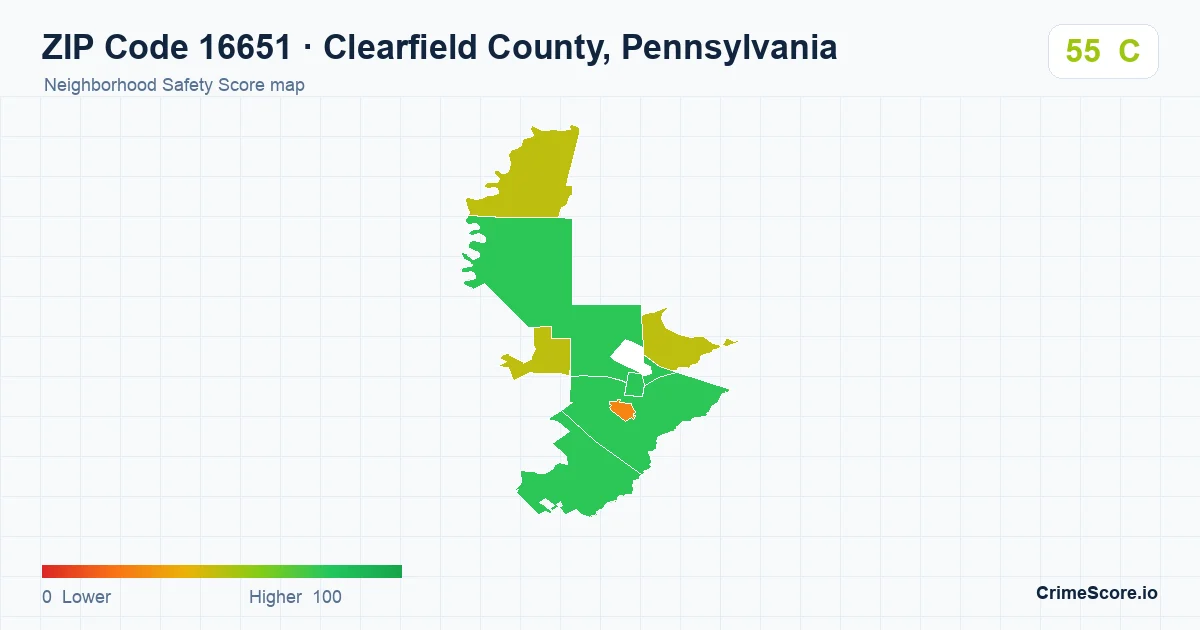 ZIP Code 16651 in Clearfield County, Pennsylvania neighborhood Safety Score map