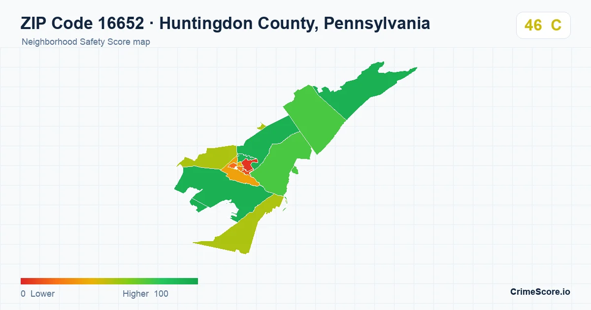 ZIP Code 16652 in Huntingdon County, Pennsylvania neighborhood Safety Score map