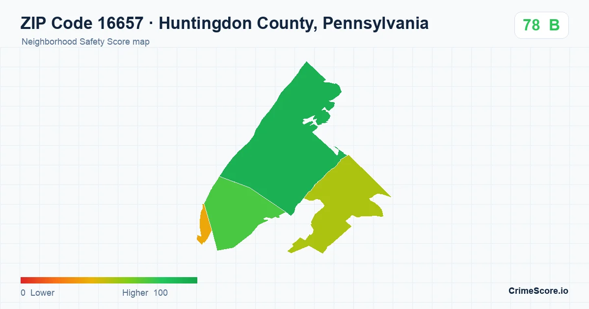 ZIP Code 16657 in Huntingdon County, Pennsylvania neighborhood Safety Score map