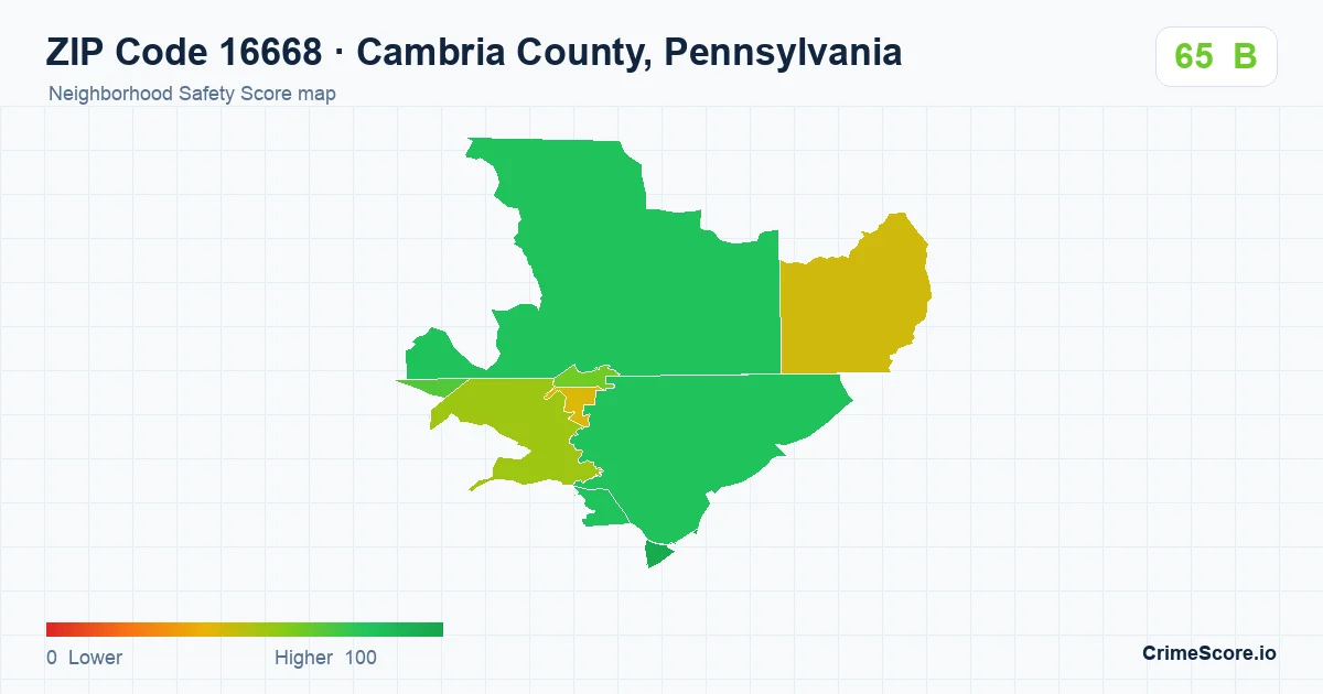 ZIP Code 16668 in Cambria County, Pennsylvania neighborhood Safety Score map