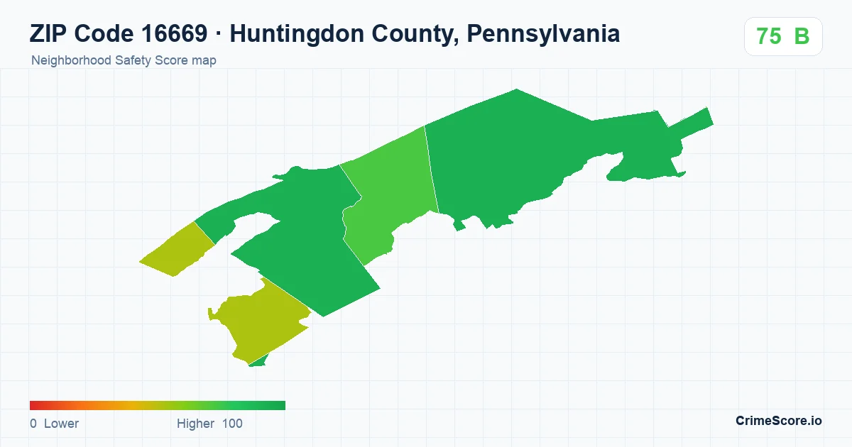 ZIP Code 16669 in Huntingdon County, Pennsylvania neighborhood Safety Score map