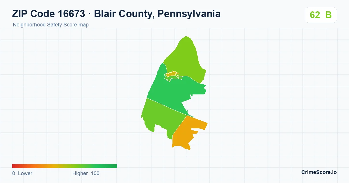 ZIP Code 16673 in Blair County, Pennsylvania neighborhood Safety Score map