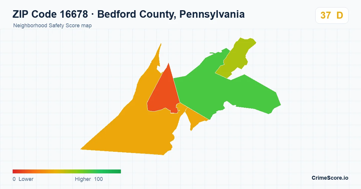 ZIP Code 16678 in Bedford County, Pennsylvania neighborhood Safety Score map