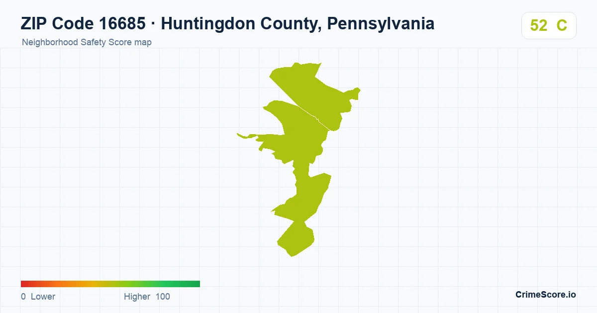 ZIP Code 16685 in Huntingdon County, Pennsylvania neighborhood Safety Score map