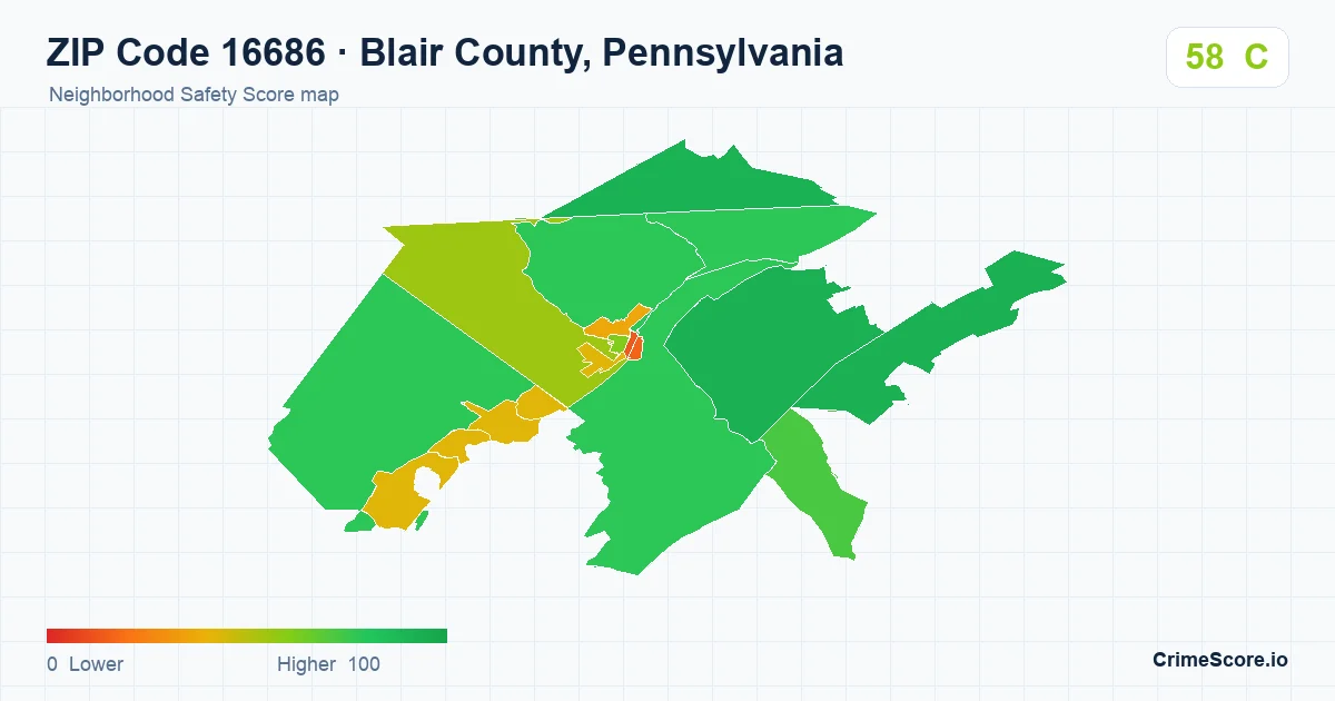 ZIP Code 16686 in Blair County, Pennsylvania neighborhood Safety Score map