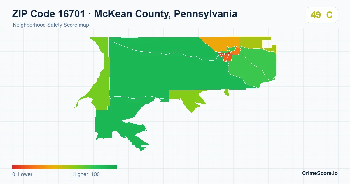 ZIP Code 16701 in McKean County, Pennsylvania neighborhood Safety Score map