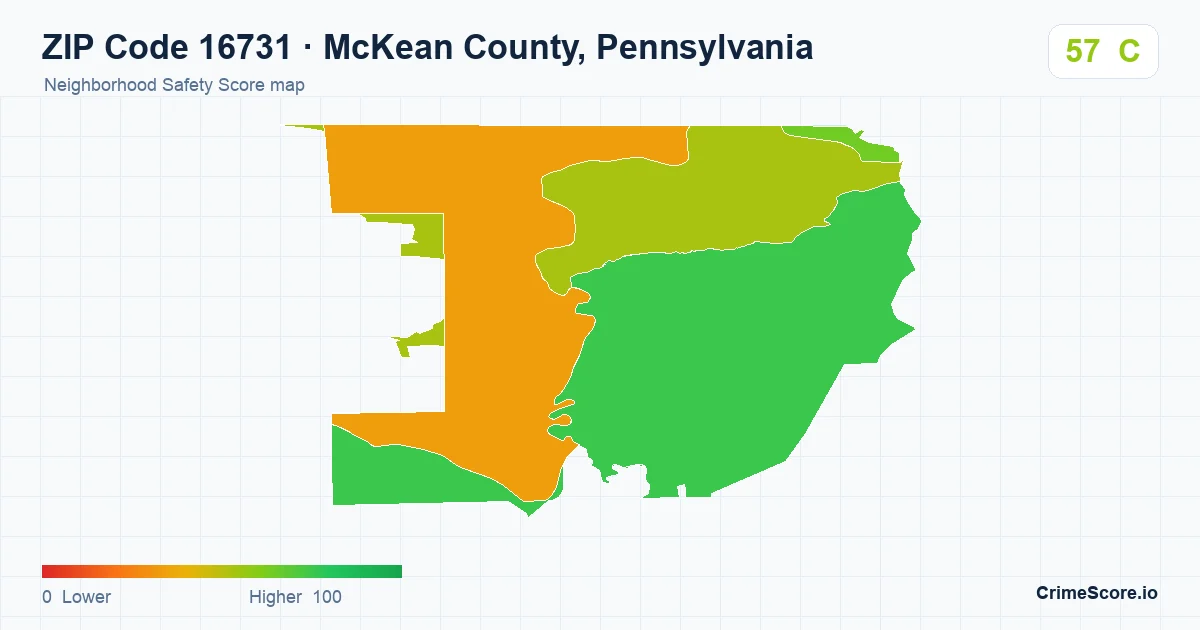 ZIP Code 16731 in McKean County, Pennsylvania neighborhood Safety Score map