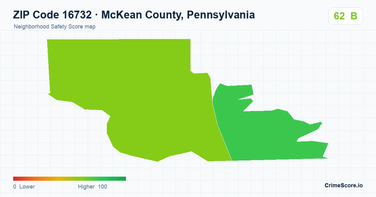 ZIP Code 16732 in McKean County, Pennsylvania neighborhood Safety Score map