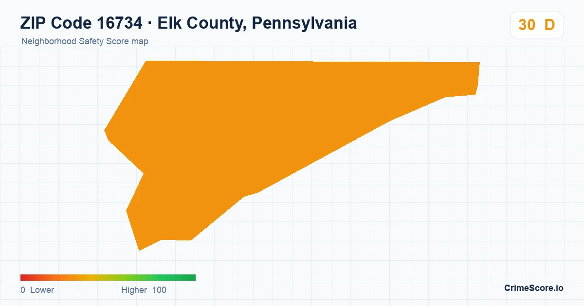 ZIP Code 16734 in Elk County, Pennsylvania neighborhood Safety Score map