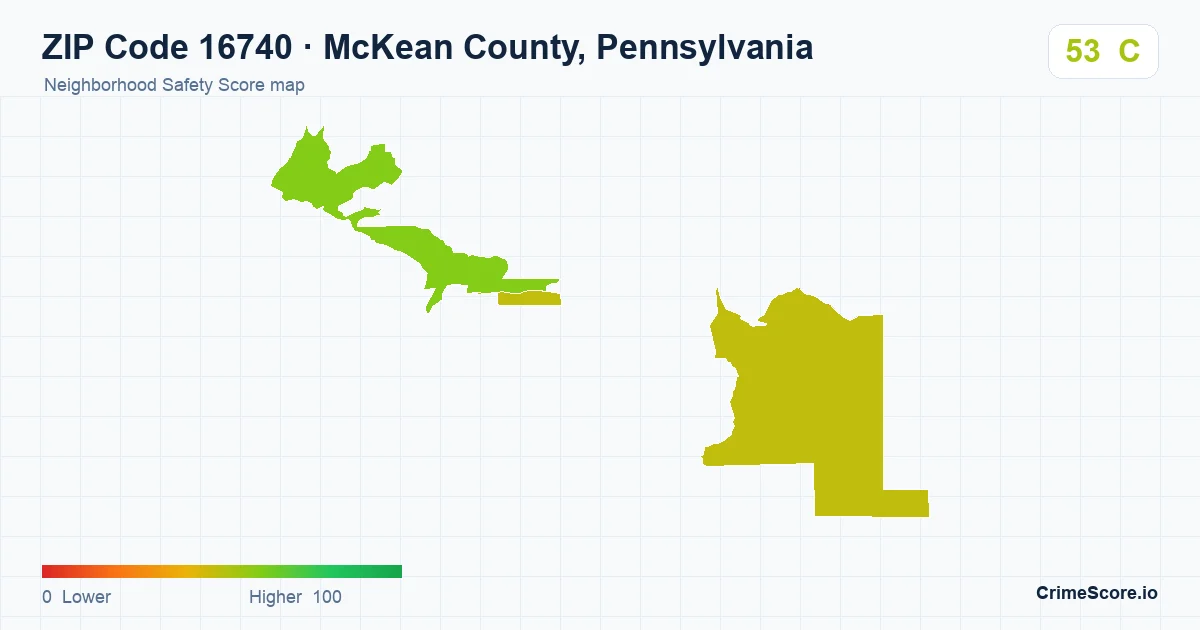 ZIP Code 16740 in McKean County, Pennsylvania neighborhood Safety Score map