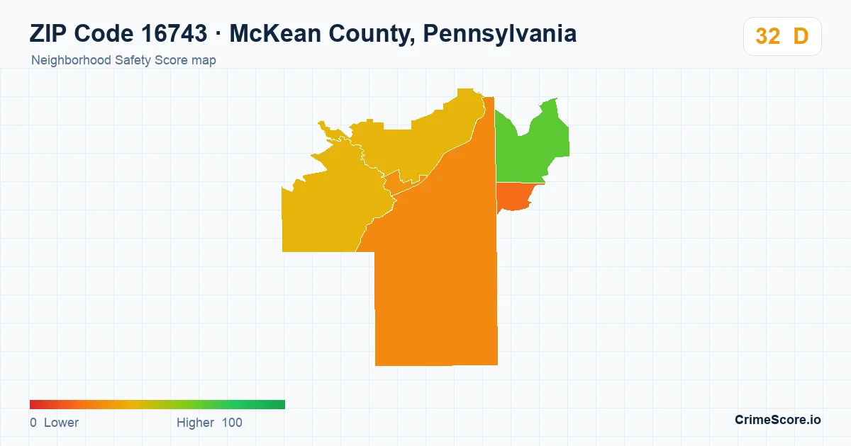 ZIP Code 16743 in McKean County, Pennsylvania neighborhood Safety Score map