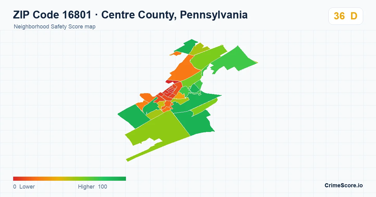 ZIP Code 16801 in Centre County, Pennsylvania neighborhood Safety Score map