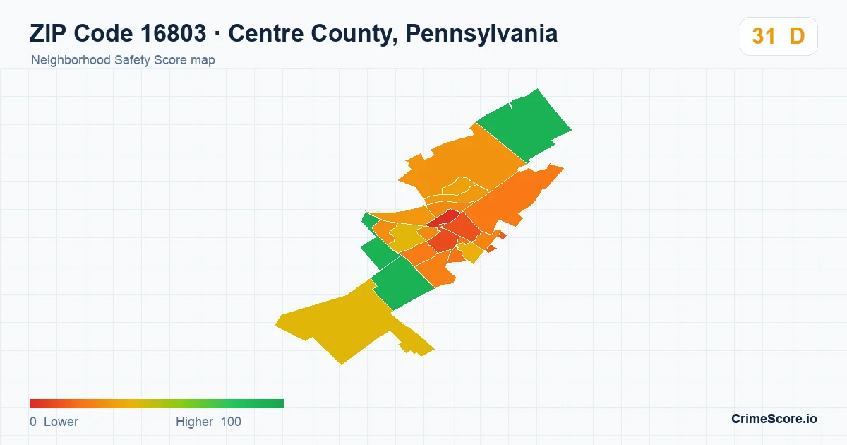 ZIP Code 16803 in Centre County, Pennsylvania neighborhood Safety Score map