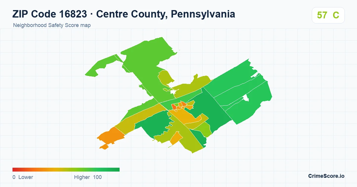 ZIP Code 16823 in Centre County, Pennsylvania neighborhood Safety Score map
