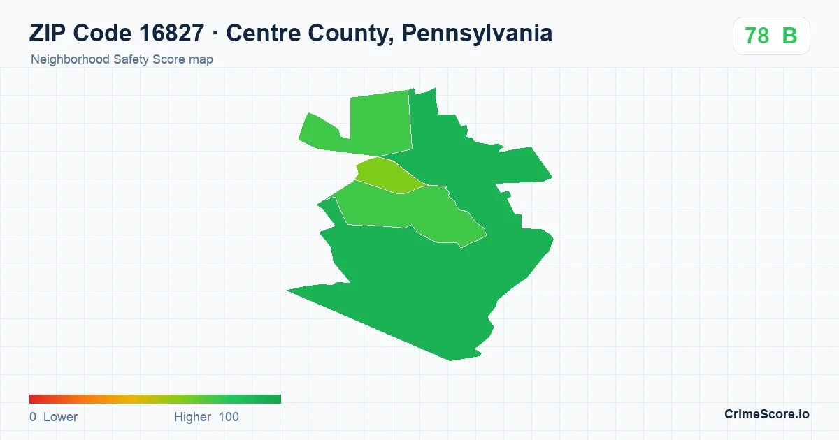 ZIP Code 16827 in Centre County, Pennsylvania neighborhood Safety Score map