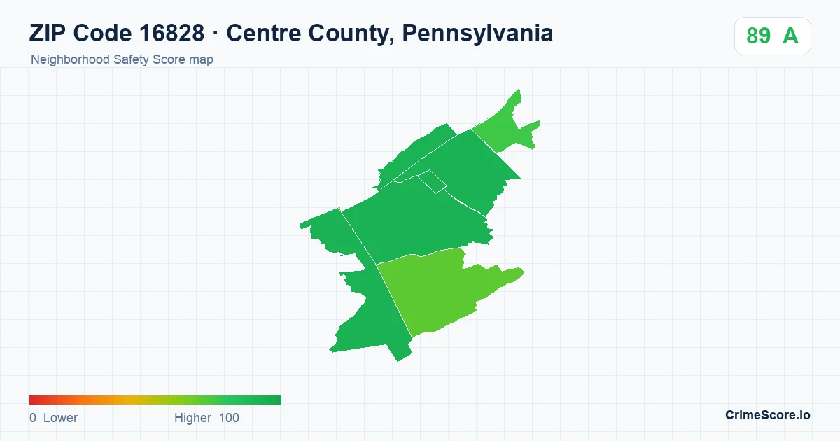 ZIP Code 16828 in Centre County, Pennsylvania neighborhood Safety Score map