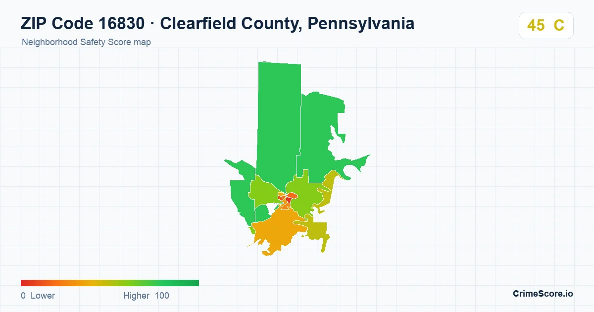 ZIP Code 16830 in Clearfield County, Pennsylvania neighborhood Safety Score map