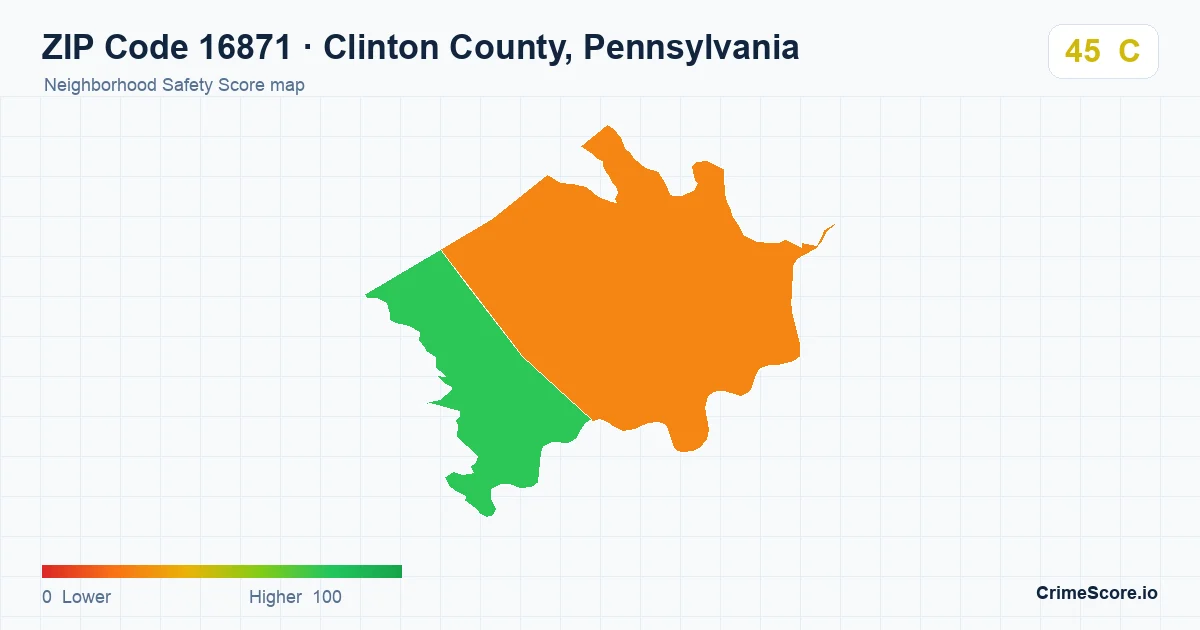 ZIP Code 16871 in Clinton County, Pennsylvania neighborhood Safety Score map