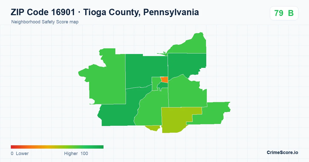 ZIP Code 16901 in Tioga County, Pennsylvania neighborhood Safety Score map