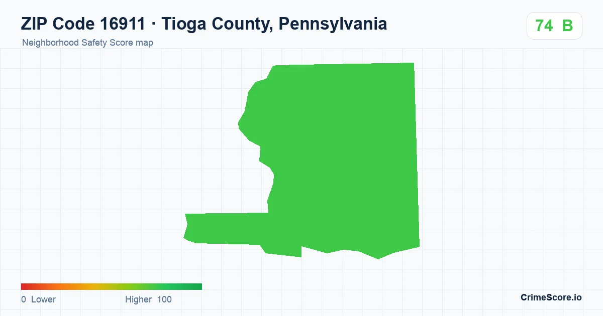 ZIP Code 16911 in Tioga County, Pennsylvania neighborhood Safety Score map