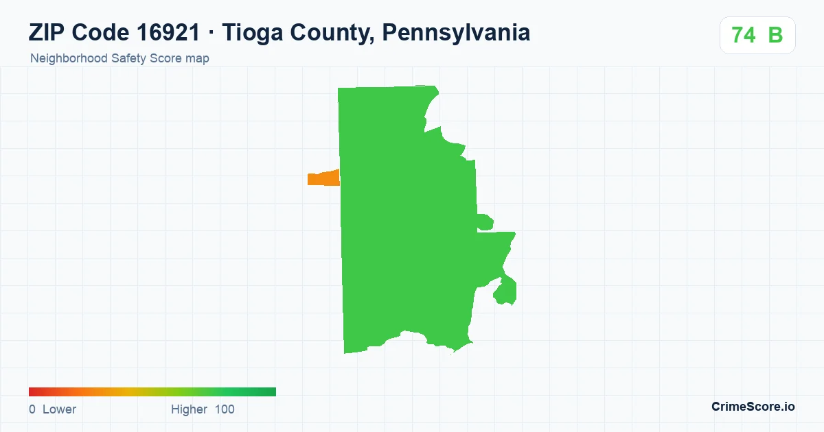 ZIP Code 16921 in Tioga County, Pennsylvania neighborhood Safety Score map