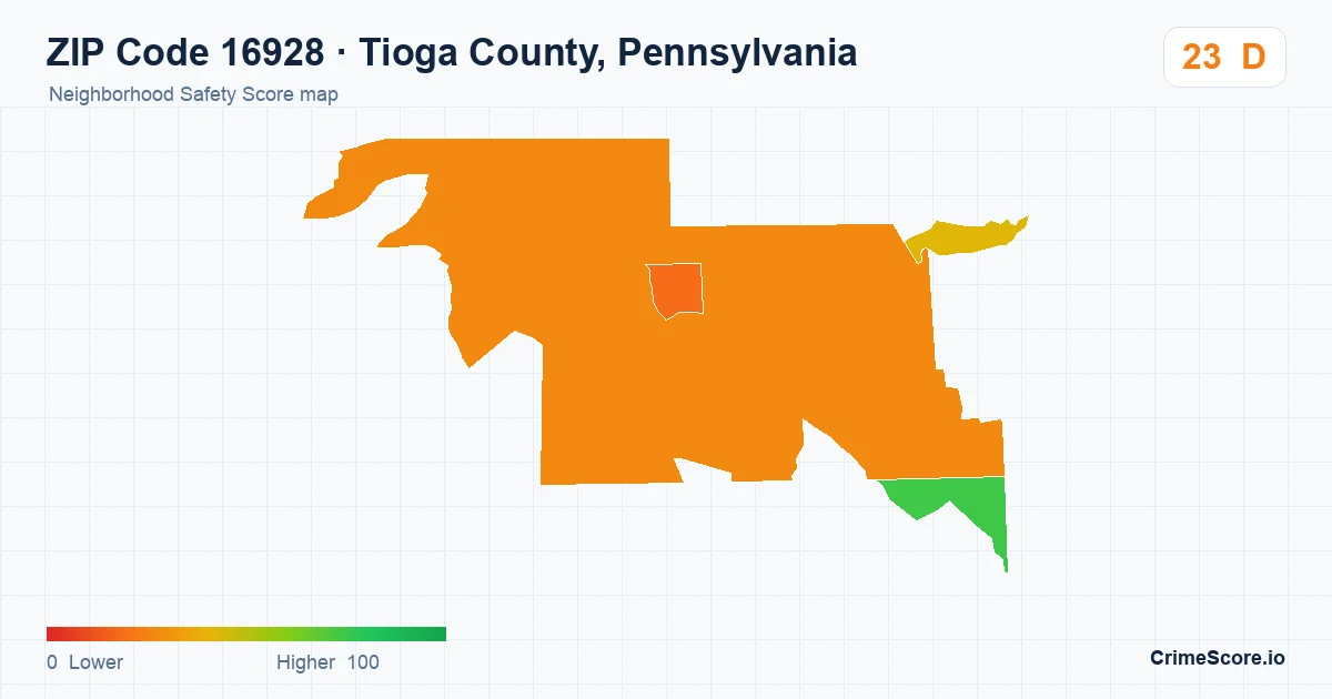 ZIP Code 16928 in Tioga County, Pennsylvania neighborhood Safety Score map