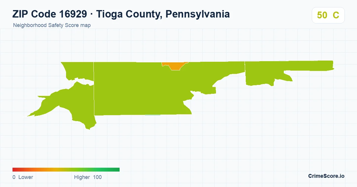 ZIP Code 16929 in Tioga County, Pennsylvania neighborhood Safety Score map