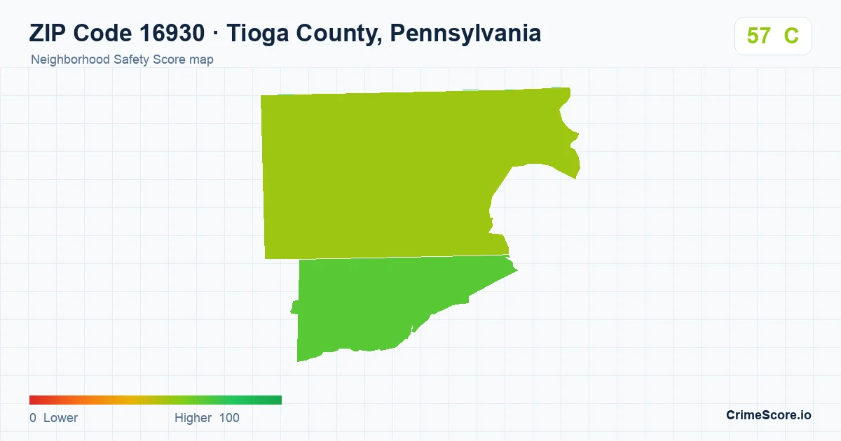 ZIP Code 16930 in Tioga County, Pennsylvania neighborhood Safety Score map