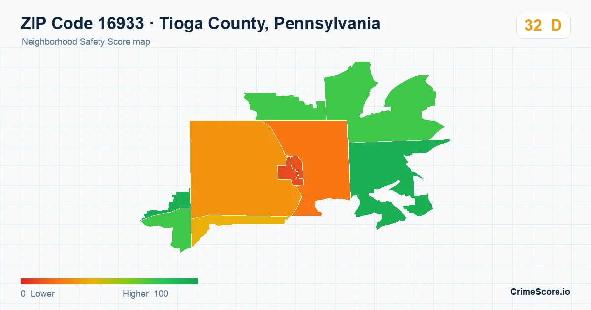 ZIP Code 16933 in Tioga County, Pennsylvania neighborhood Safety Score map