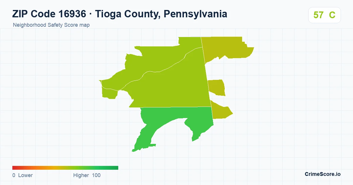 ZIP Code 16936 in Tioga County, Pennsylvania neighborhood Safety Score map
