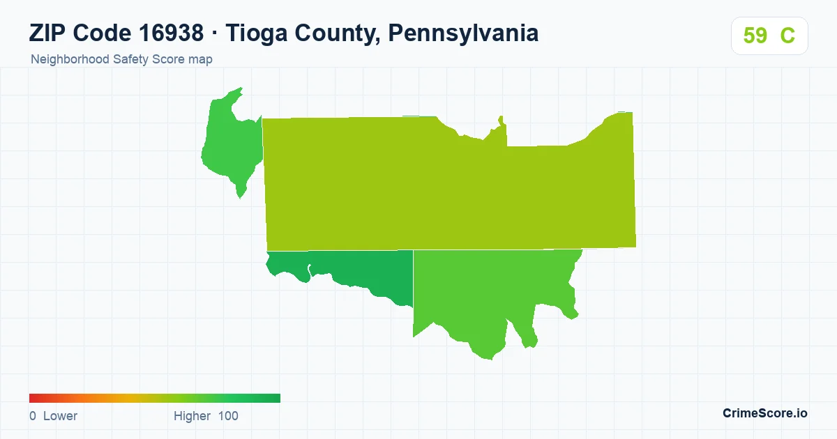 ZIP Code 16938 in Tioga County, Pennsylvania neighborhood Safety Score map