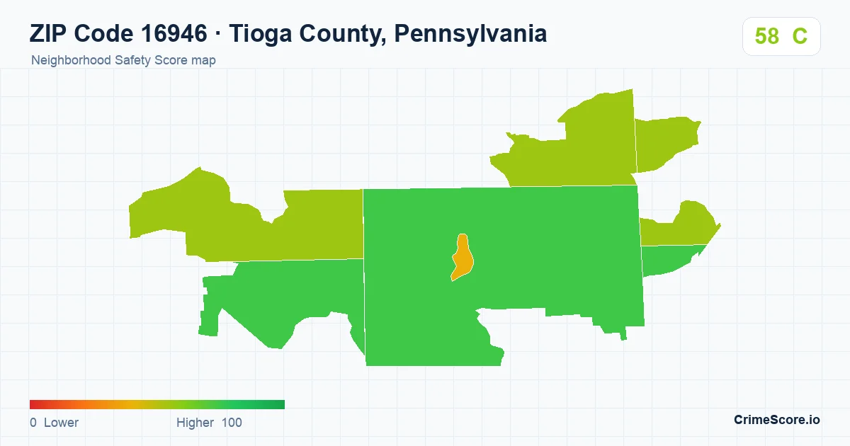 ZIP Code 16946 in Tioga County, Pennsylvania neighborhood Safety Score map