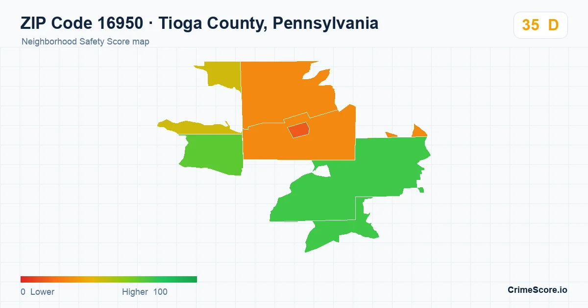 ZIP Code 16950 in Tioga County, Pennsylvania neighborhood Safety Score map