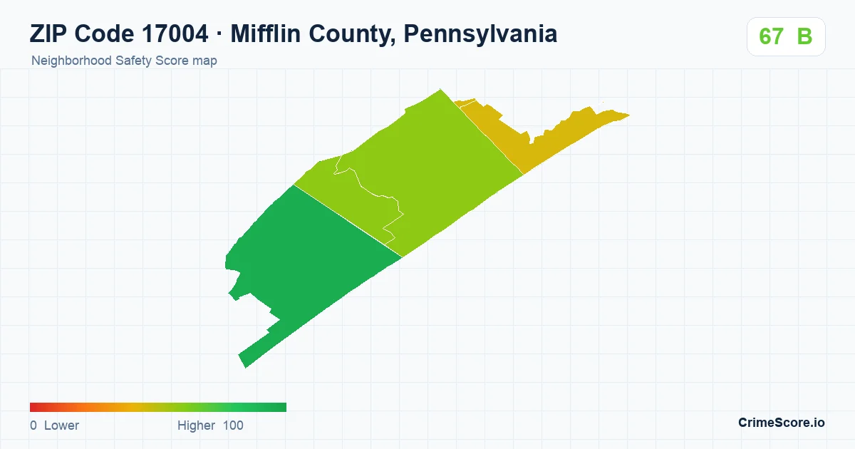 ZIP Code 17004 in Mifflin County, Pennsylvania neighborhood Safety Score map