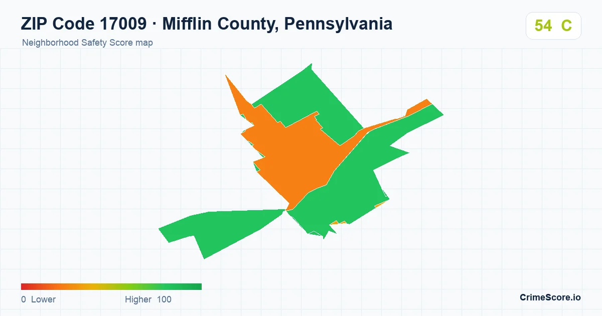 ZIP Code 17009 in Mifflin County, Pennsylvania neighborhood Safety Score map