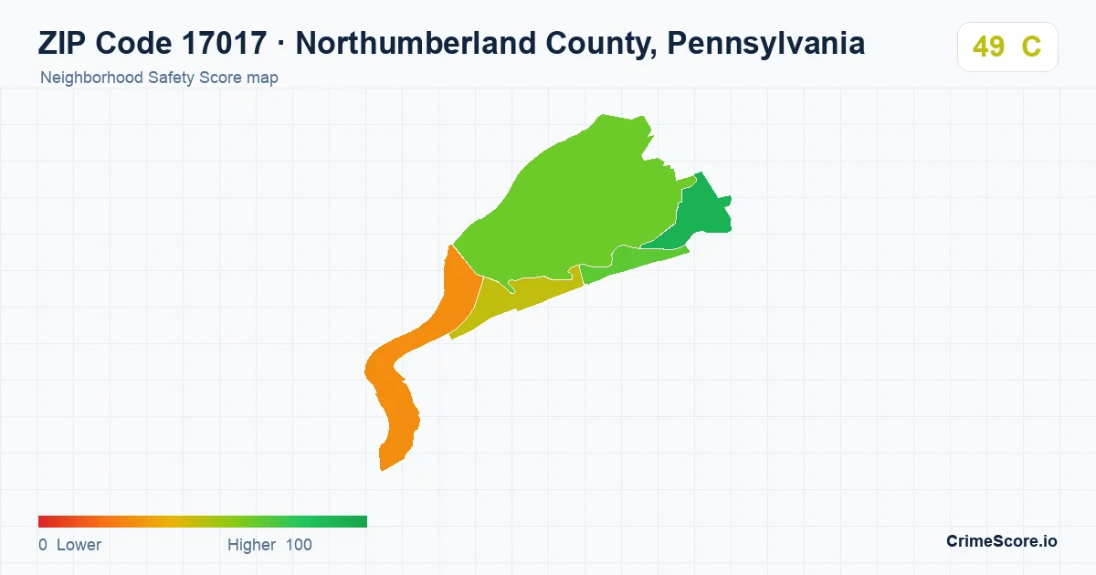 ZIP Code 17017 in Northumberland County, Pennsylvania neighborhood Safety Score map