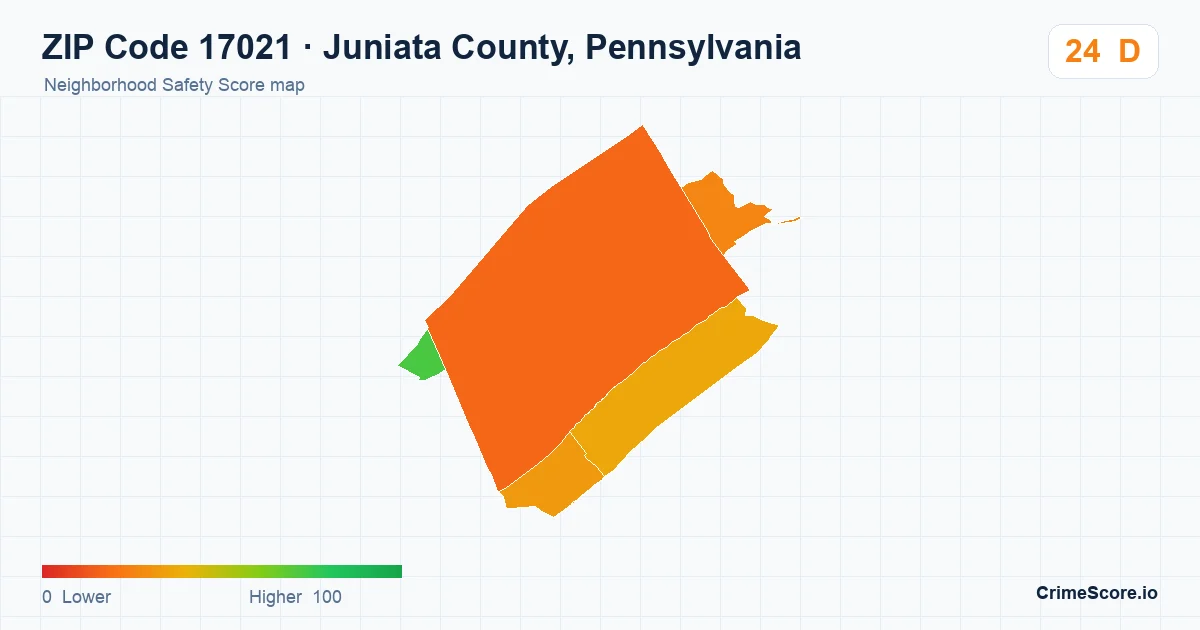 ZIP Code 17021 in Juniata County, Pennsylvania neighborhood Safety Score map