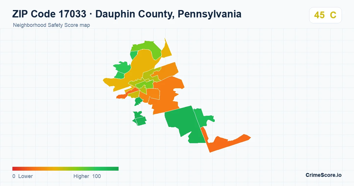 ZIP Code 17033 in Dauphin County, Pennsylvania neighborhood Safety Score map